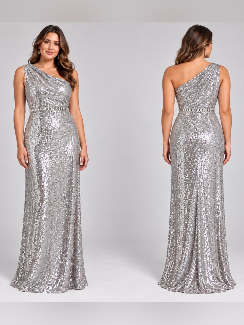 Silver One-Shoulder Sequin Evening Gown